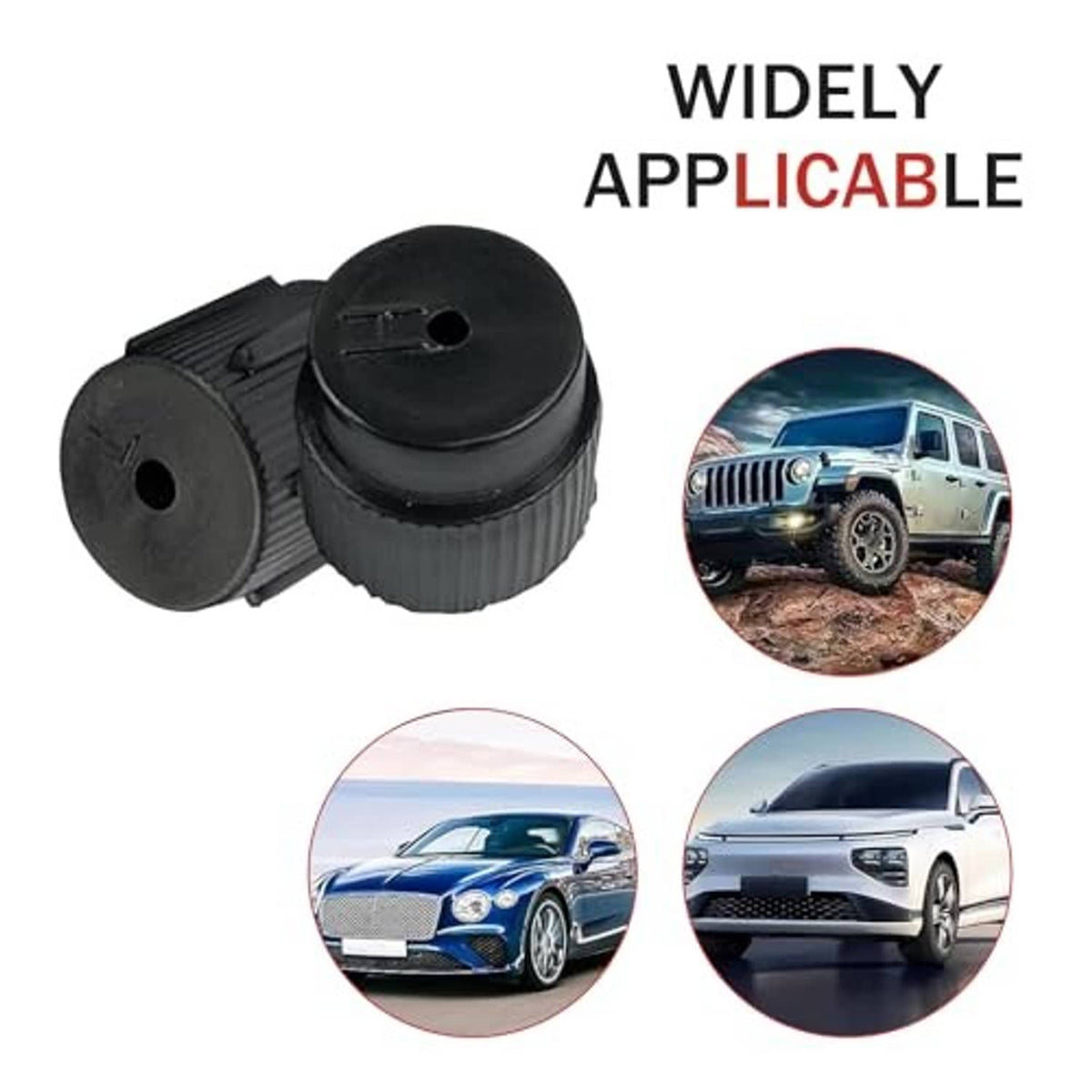 Black A/C valve caps with center holes and ridged grip, multi-piece set
