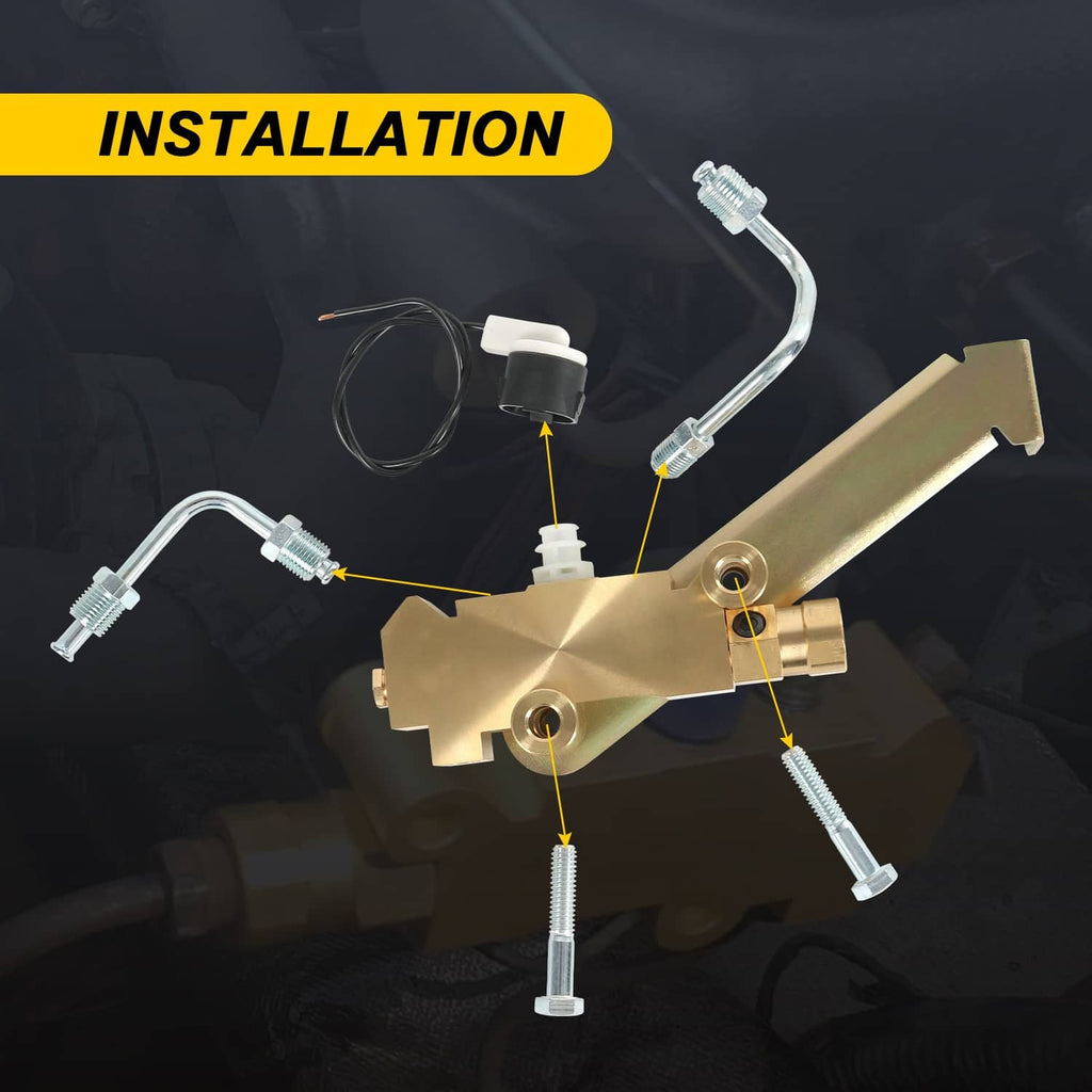 Brass brake proportioning valve with hoses, wiring connector, and mounting hardware