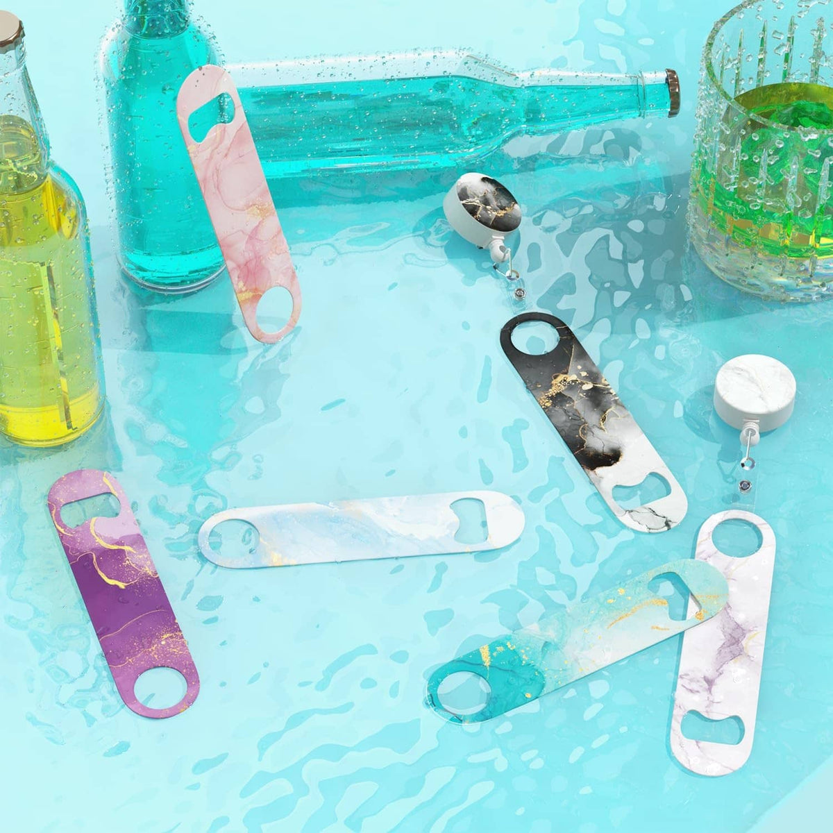 Retractable bottle opener set with marble-pattern designs for easy cap opening