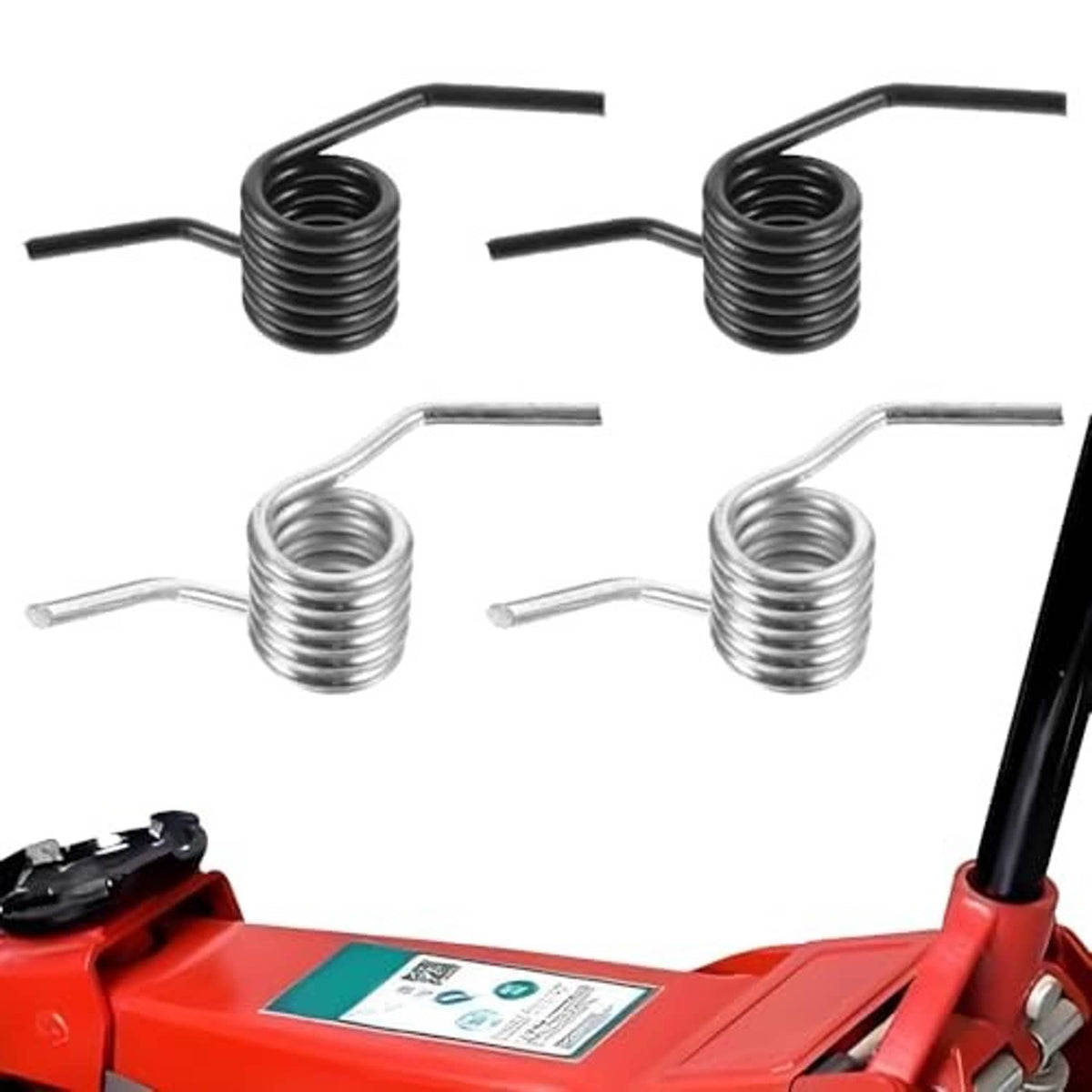 Return spring kit for floor jack: black and silver coiled springs with bent rods