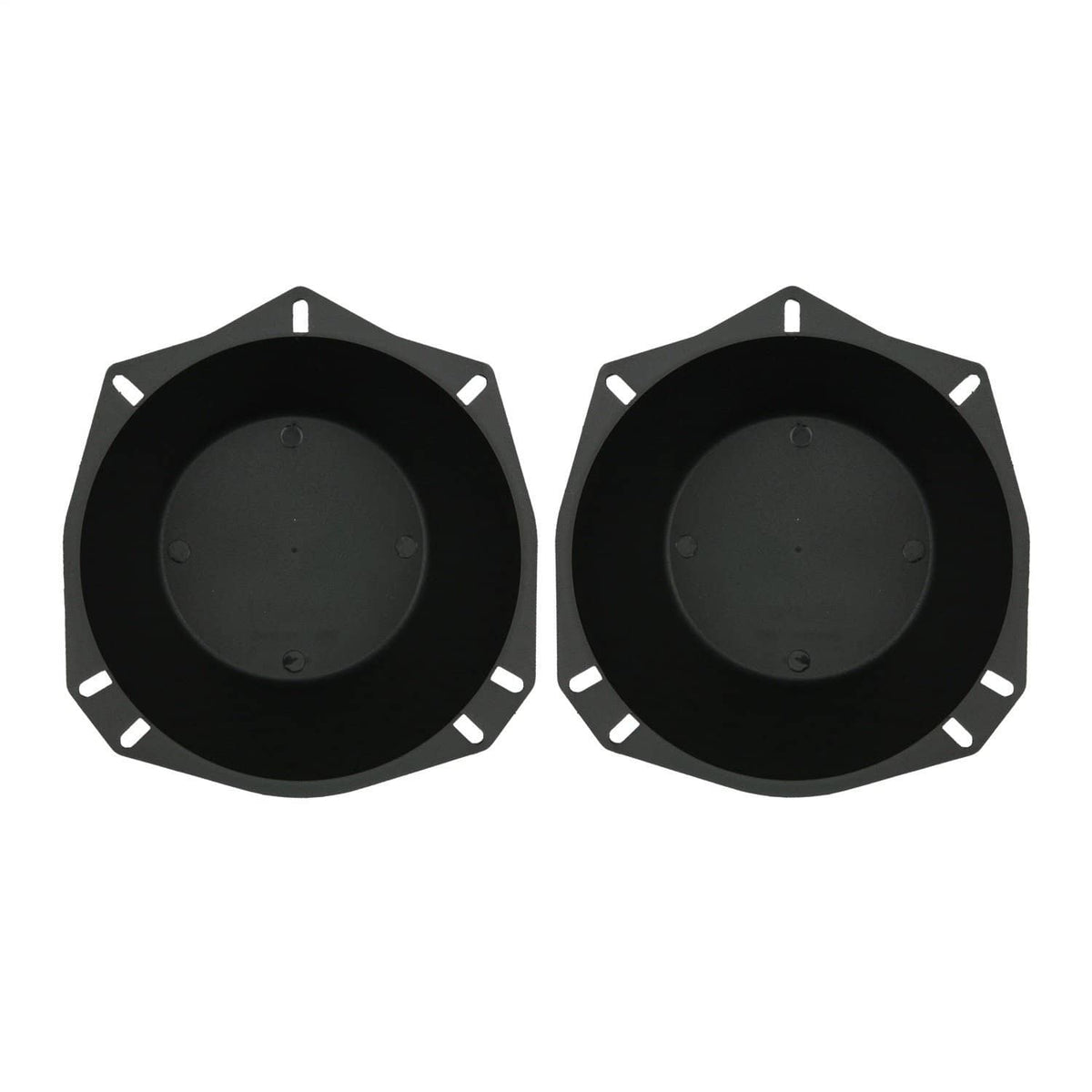 Pair of black ABS speaker baffles for 5-1/4 and 6-1/2 speakers, round with mounting tabs