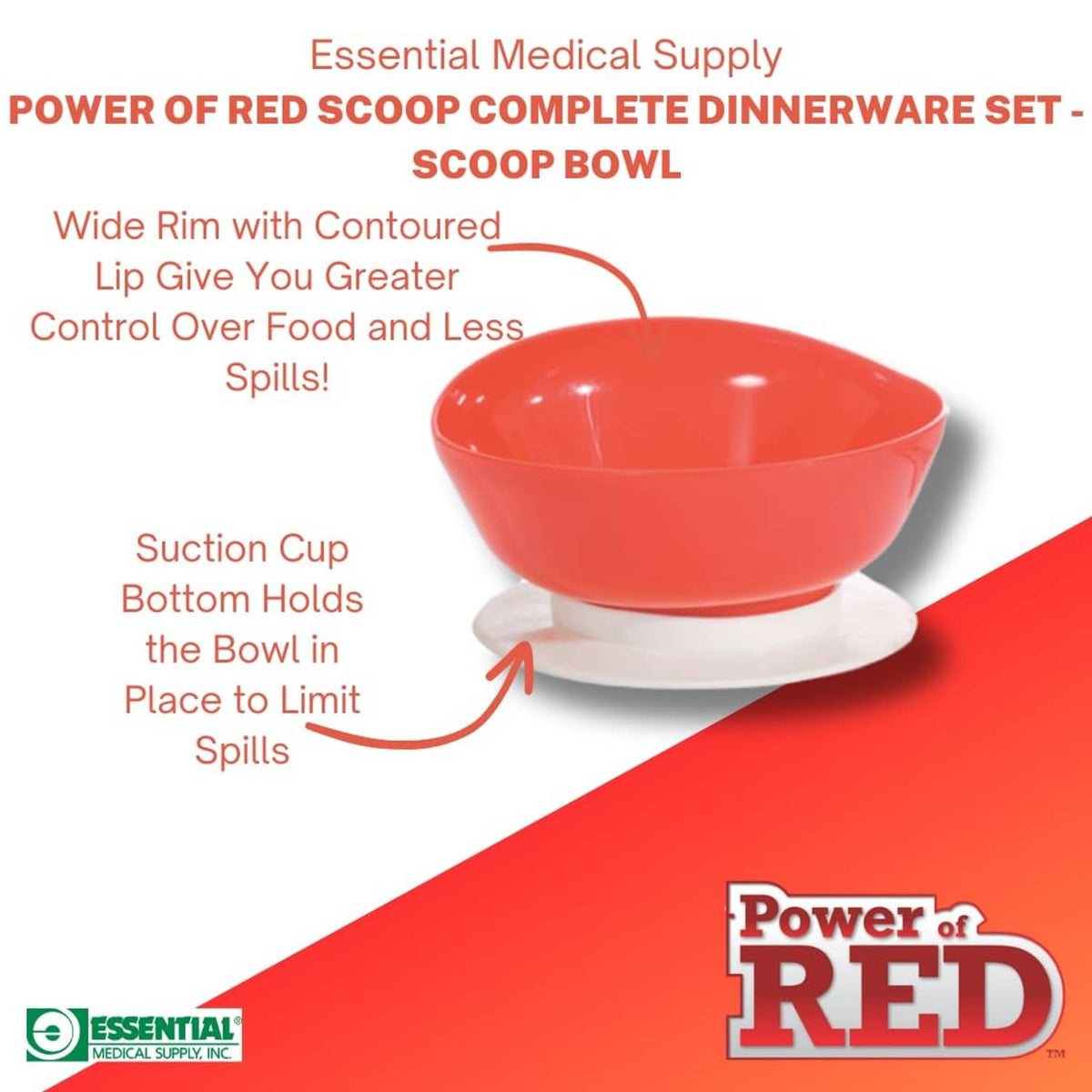 Red scoop bowl with wide rim and suction cup base for secure serving