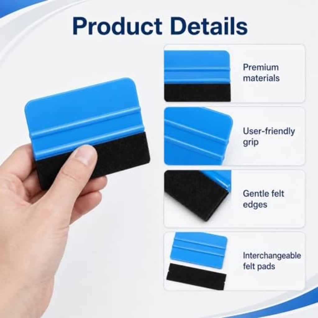 Handheld felt squeegee with blue grip and black felt edge pad