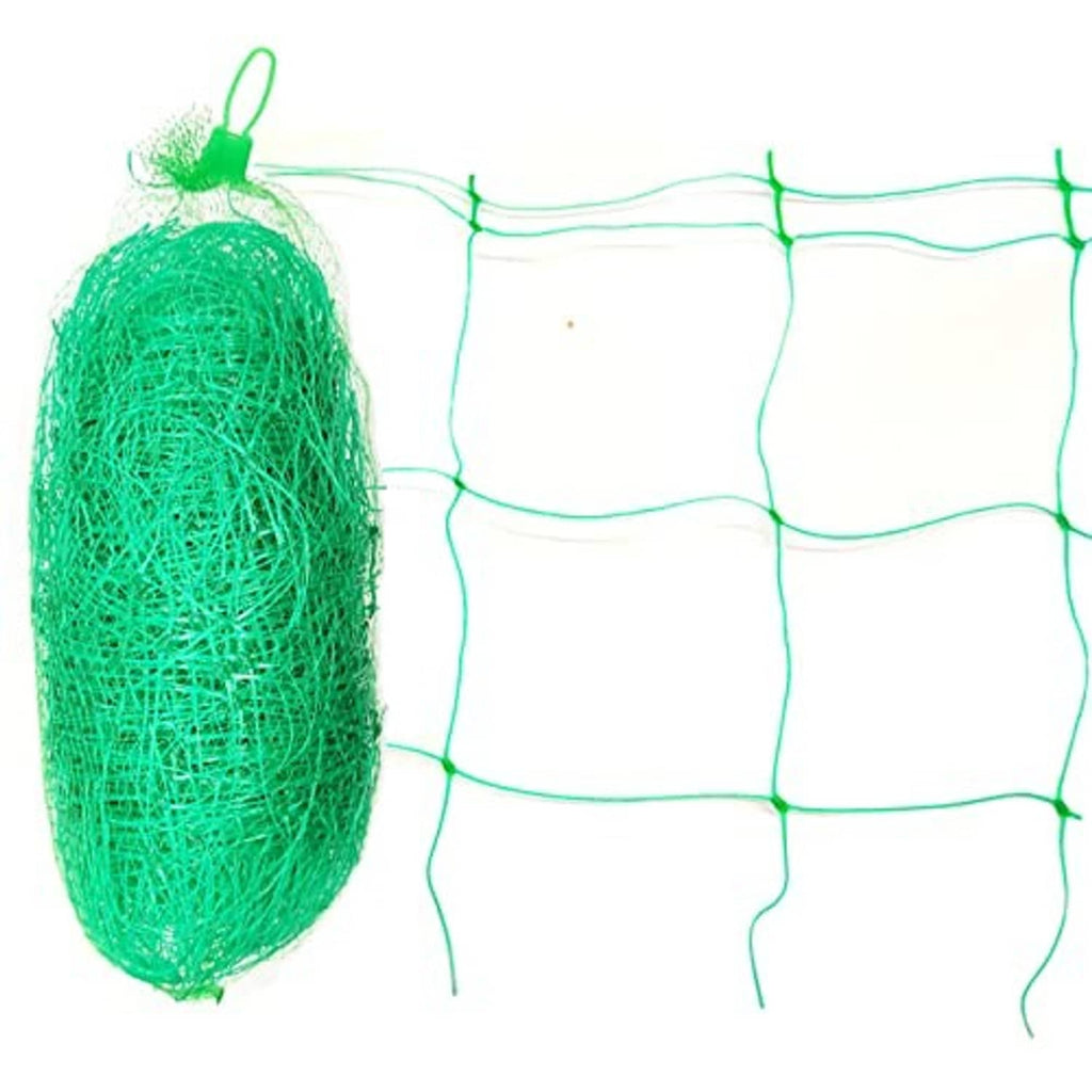 Green heavy-duty plant support netting with square mesh grid and tied end
