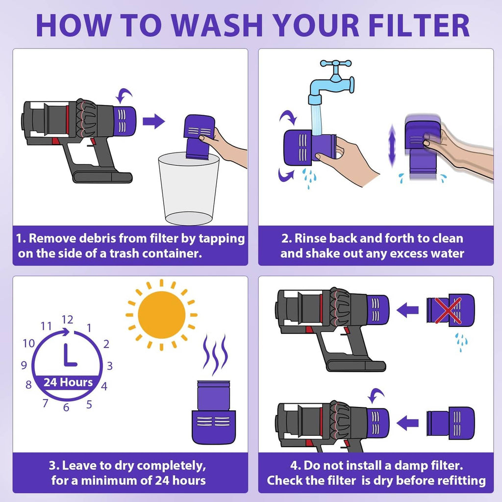 How to wash vacuum filter infographic with rinse, shake, and air-dry steps