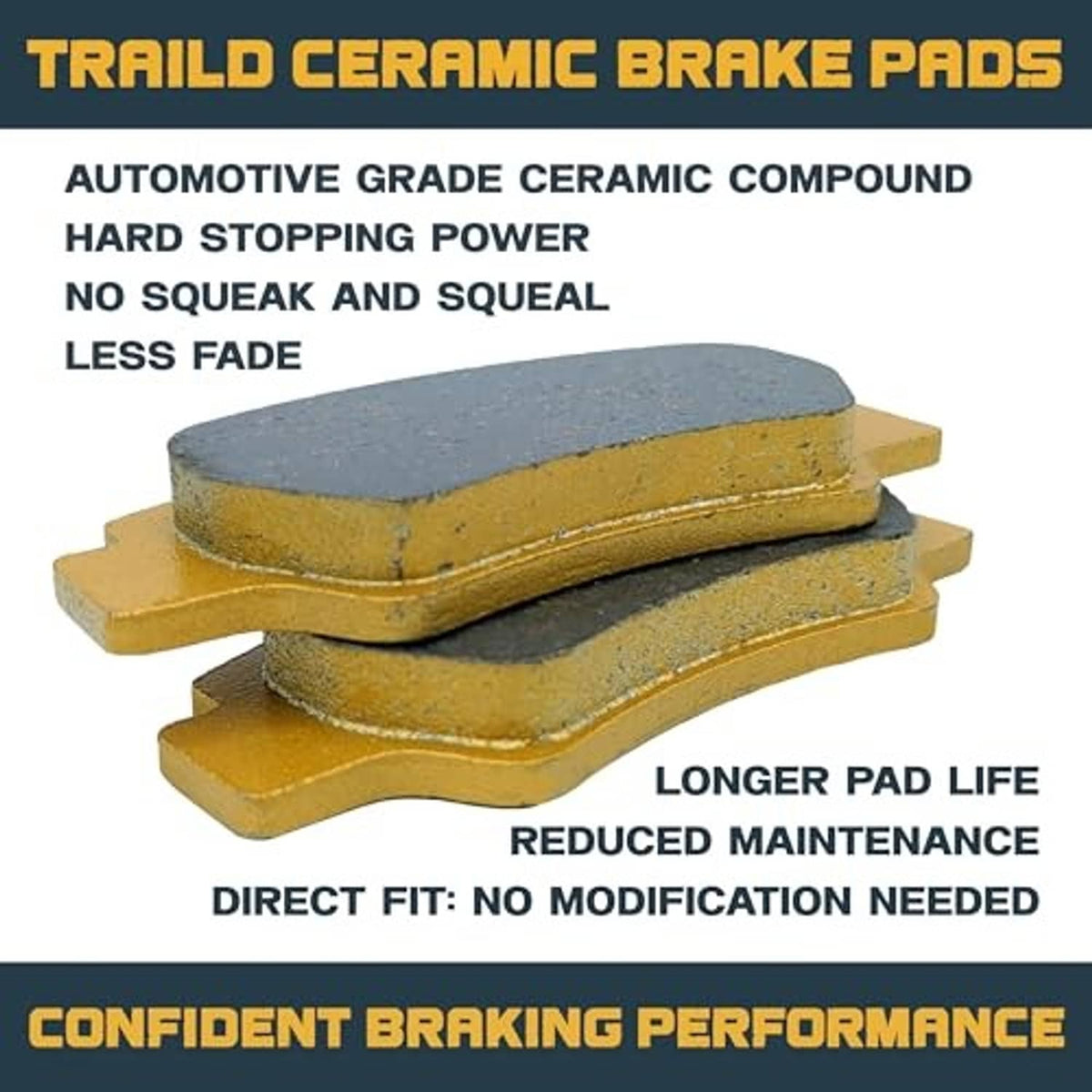 Ceramic brake pads close-up: dark gray friction material on gold backing plates