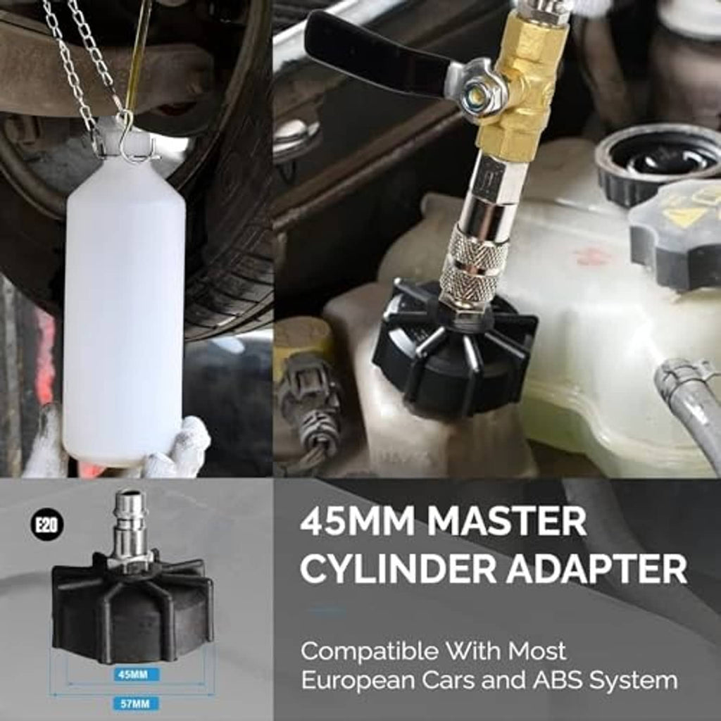 Master cylinder adapter connected to vehicle brake bleeder pump setup with bottle