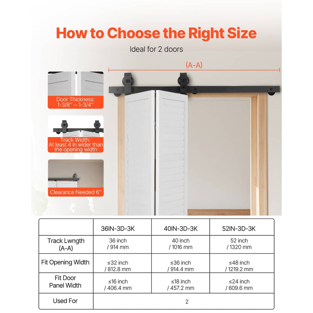 Bi-fold sliding door track kit size diagram with mounted rail, brackets, and two door panels