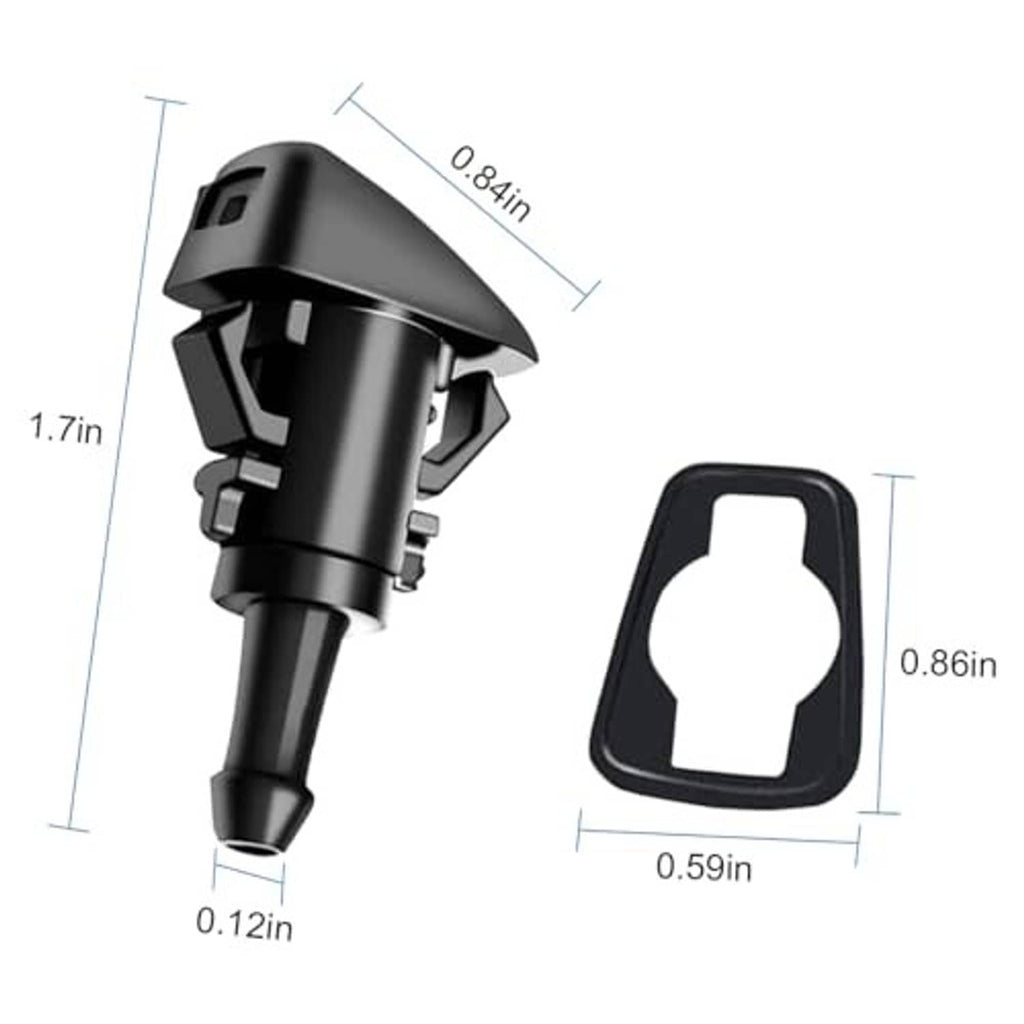 Black single-hole windshield washer nozzle with size measurements and nozzle cap