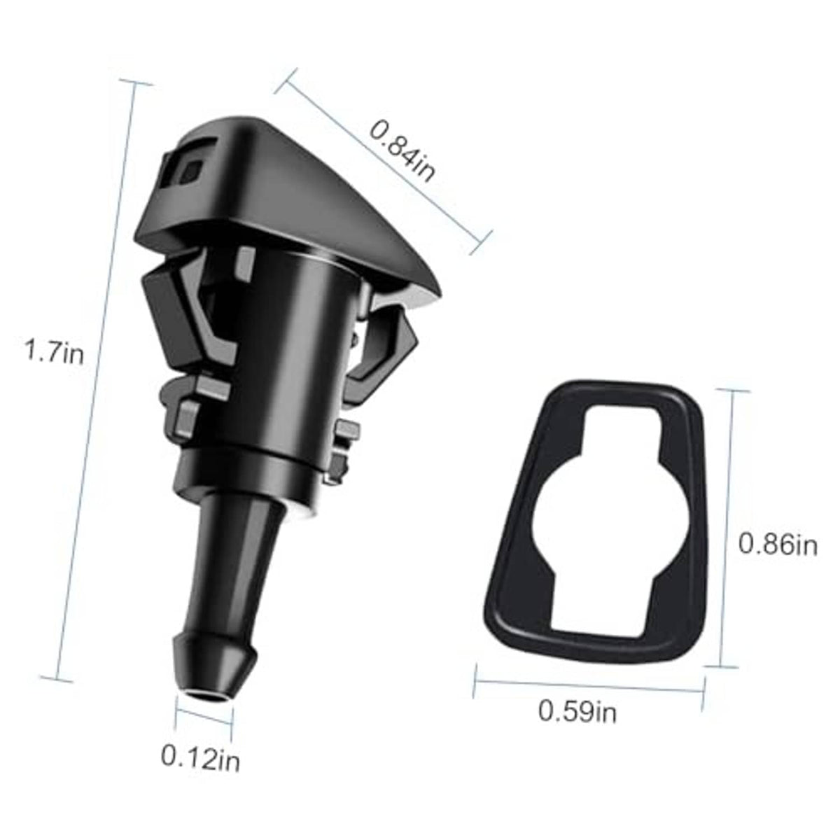 Black single-hole windshield washer nozzle with size measurements and nozzle cap