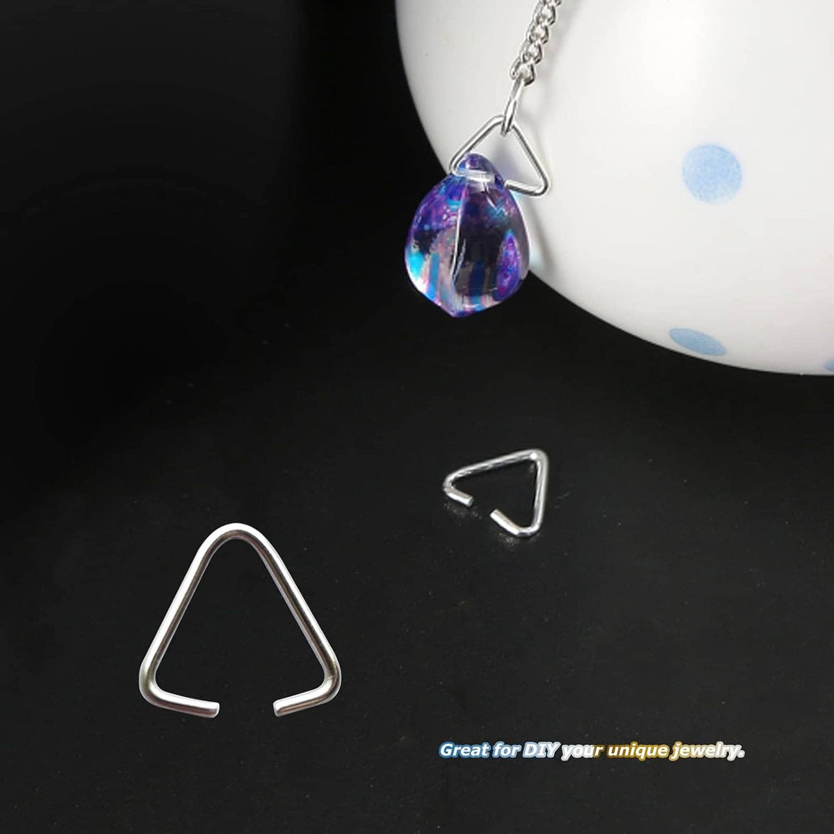 Triangle open jump ring bail on silver-tone chain, with small connector loop