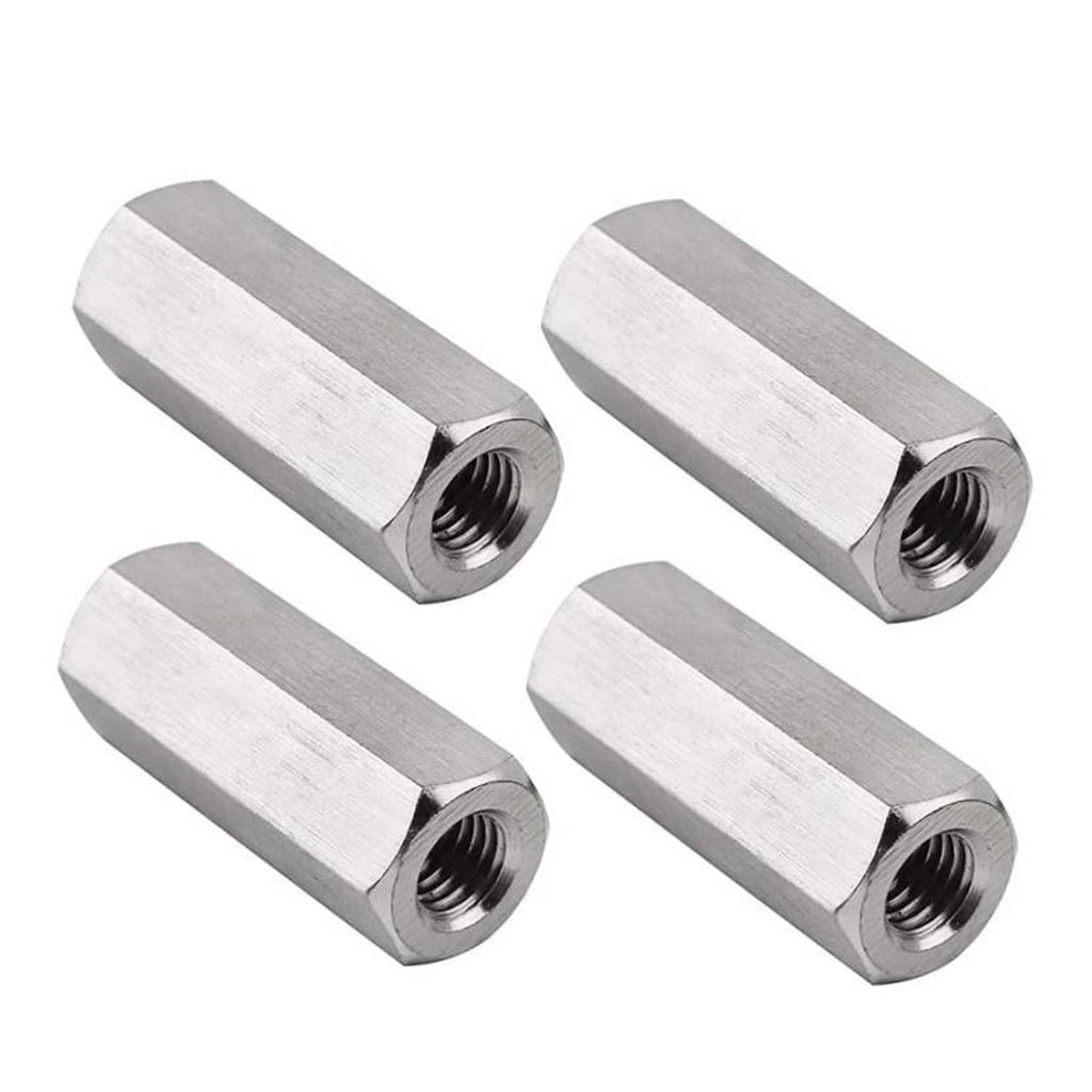 Set of metric hex coupling nuts with internal threads, brushed silver, side view