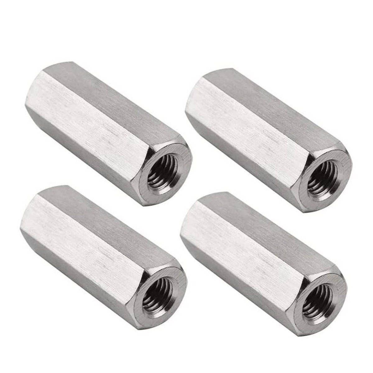 Set of metric hex coupling nuts with internal threads, brushed silver, side view