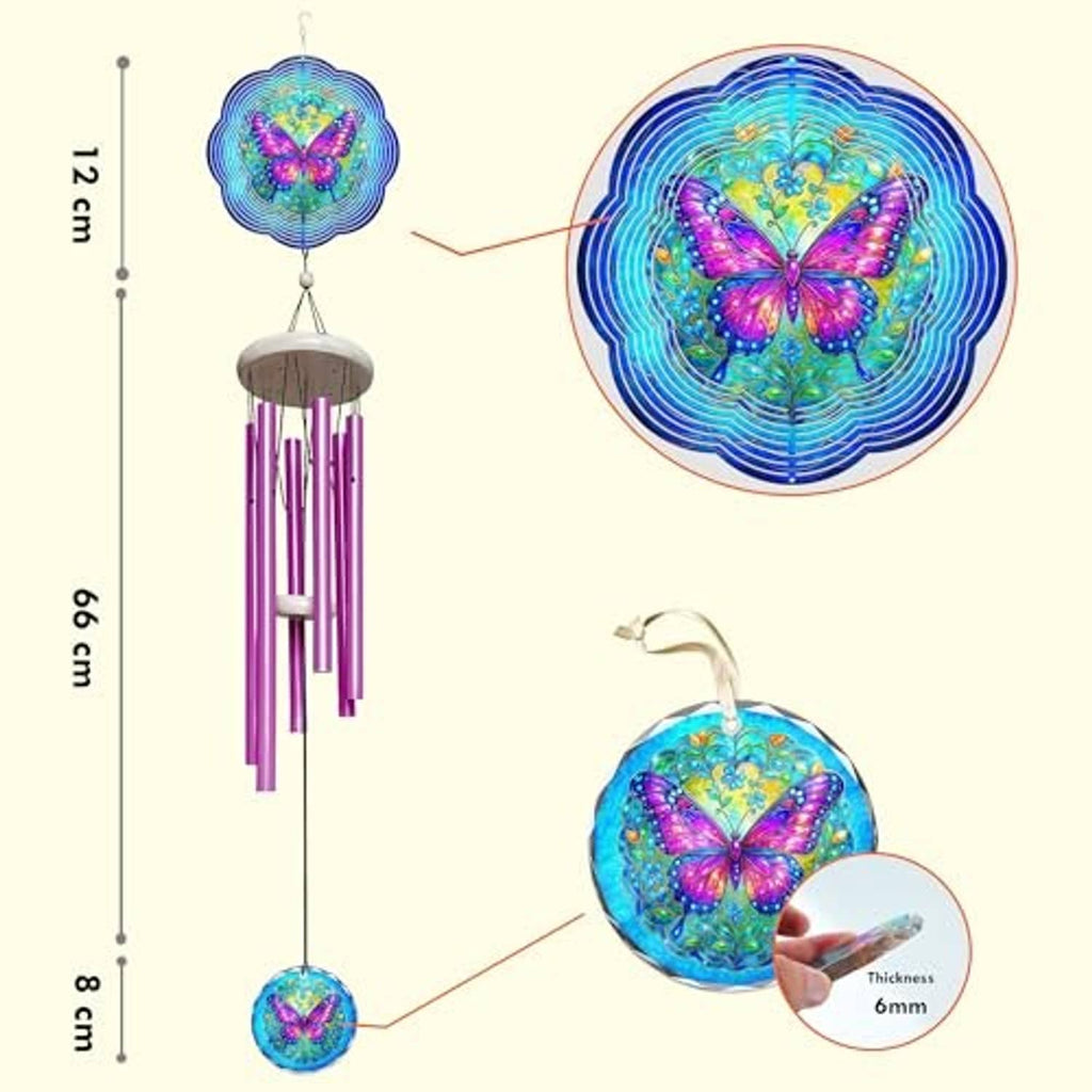 Butterfly wind chime spinner with purple tubes, blue circular top, and multicolor hanging disk