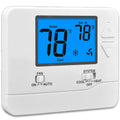 White non-programmable thermostat with blue backlit display and up/down buttons