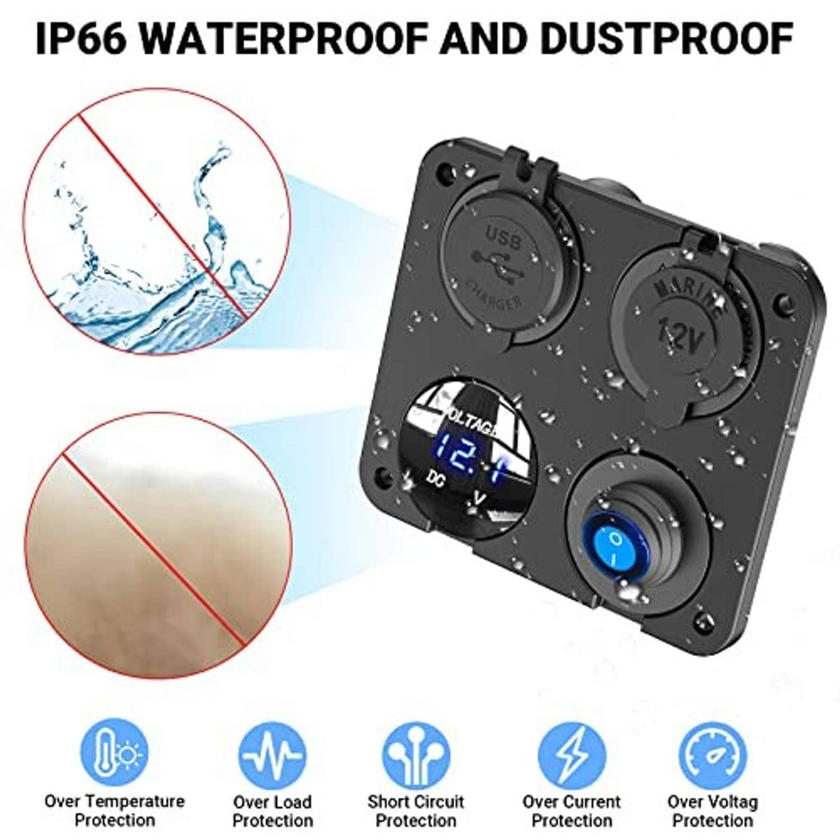 IP66 waterproof car USB charger panel with blue voltmeter display and power buttons