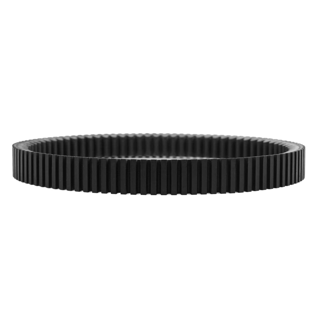 Wide view of black clutch drive belt loop with straight ribbing and serrated outer edge