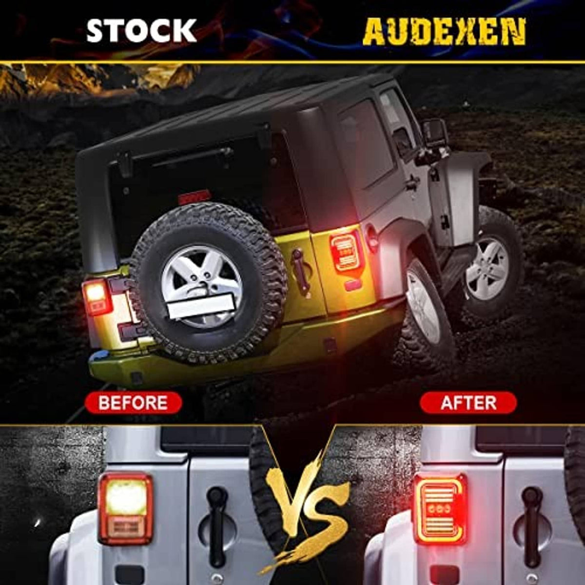 Jeep rear with installed LED taillights, smoke lens and red LED light bars