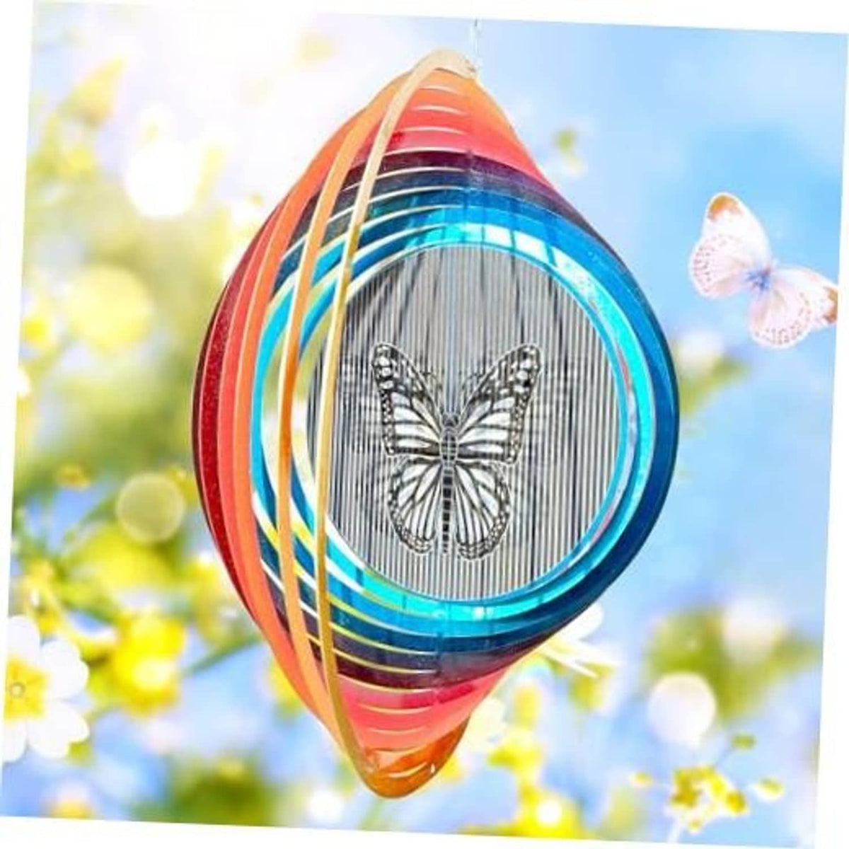 Rainbow teardrop wind spinner with 3D butterfly medallion and hanging hook