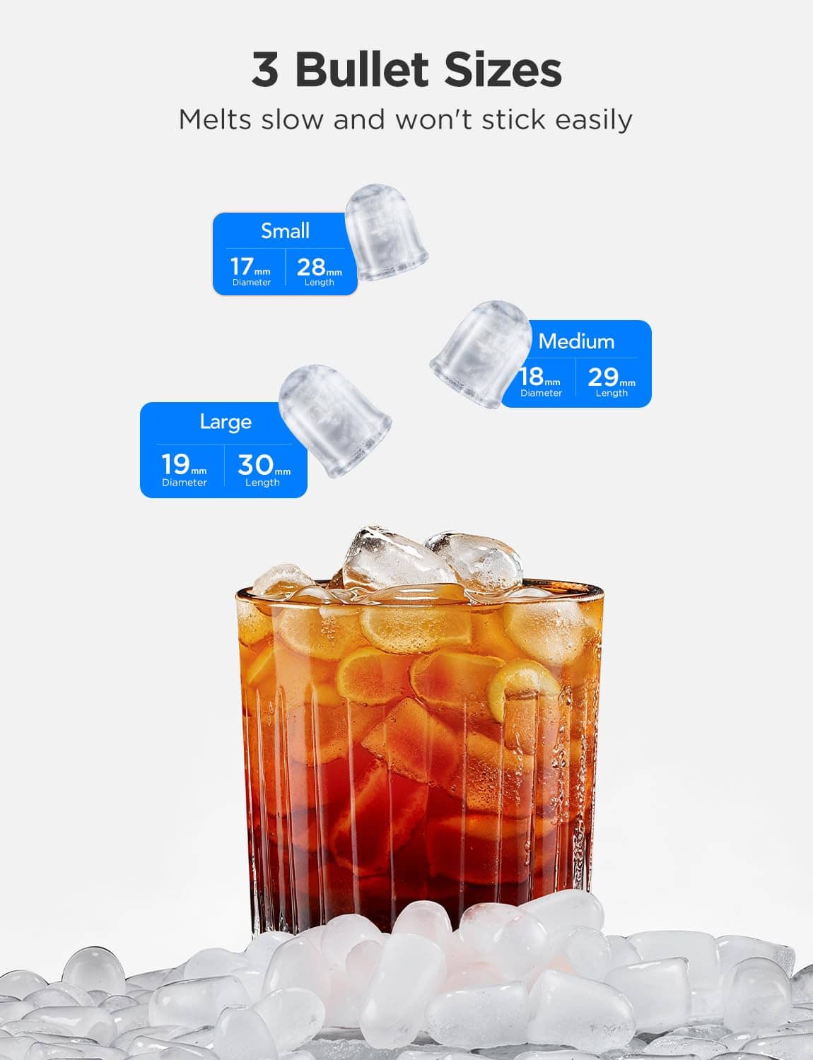 Ice maker dispensing clear bullet-shaped ice into a pile