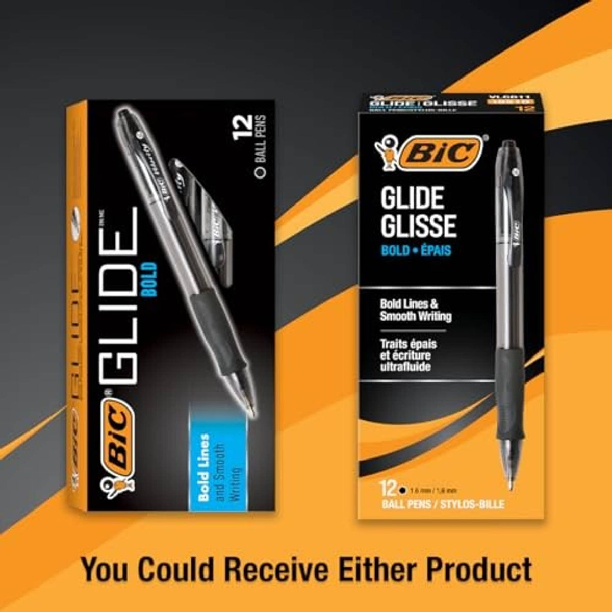 BIC Glide Glisse bold black retractable ballpoint pen boxes side by side, 1.6mm.