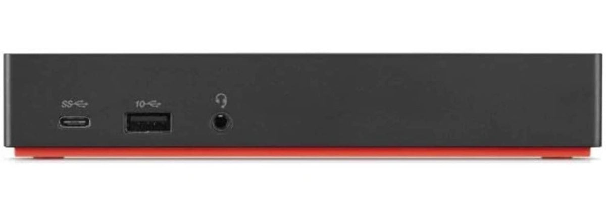 Black USB-C dock front view showing ports and audio jack