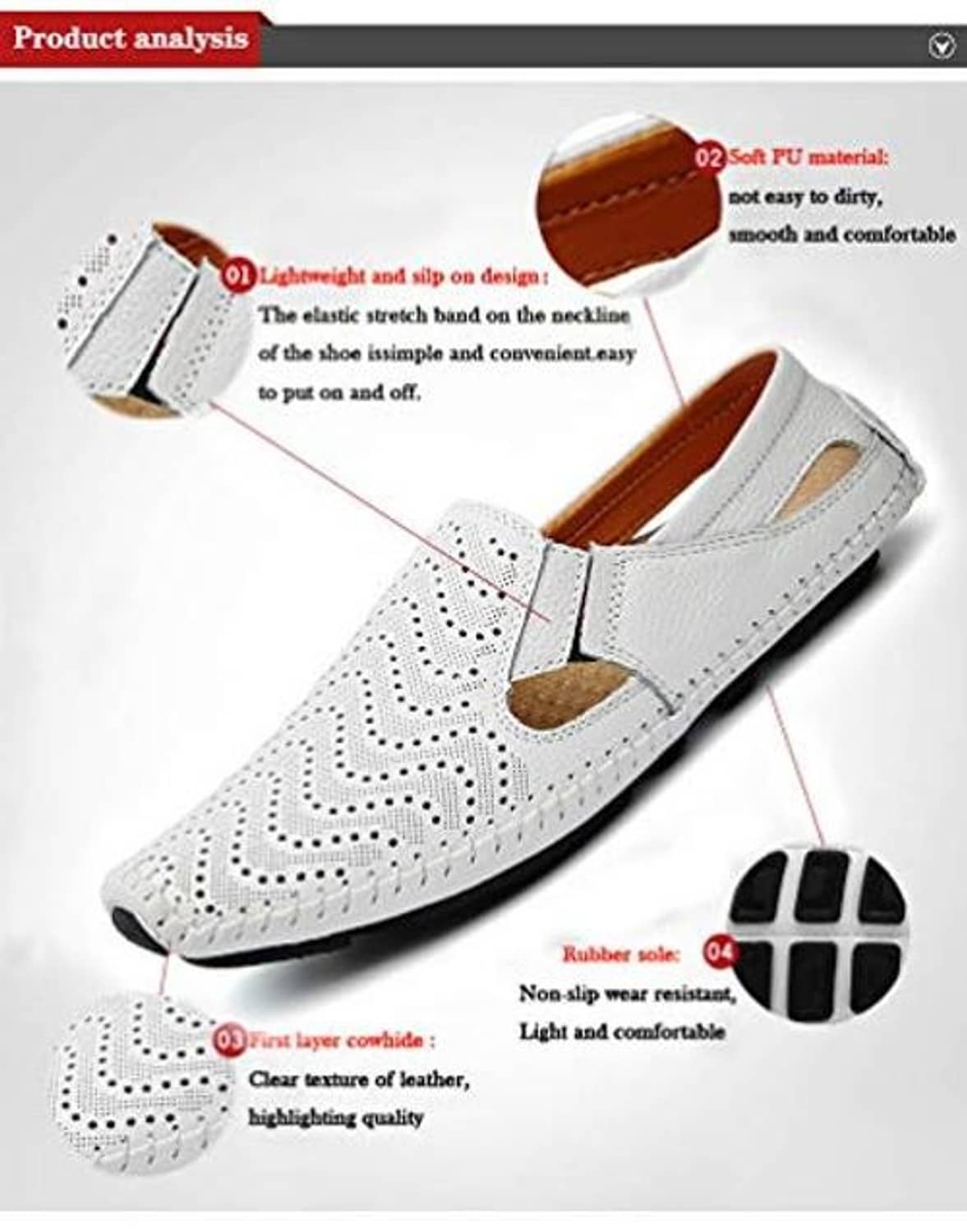 White perforated leather slip-on loafers with elastic gore and non-slip rubber sole