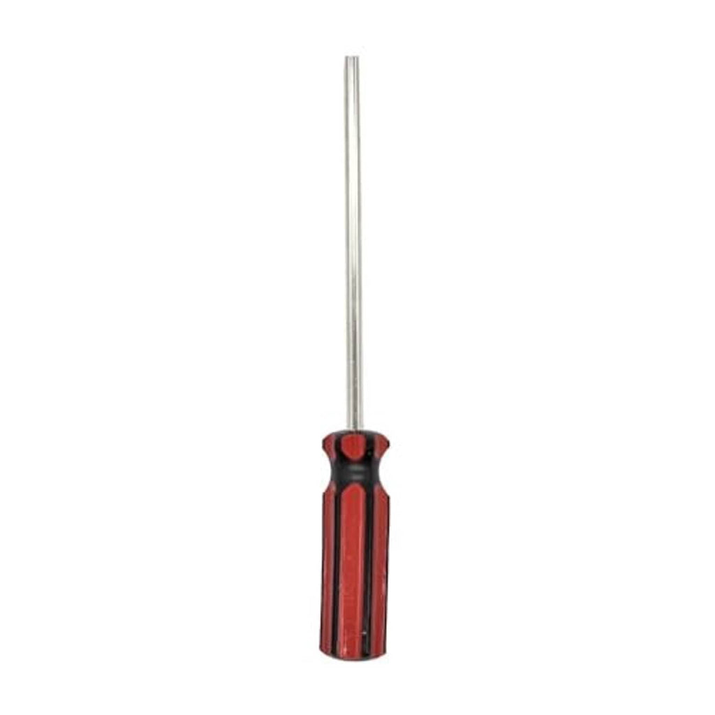 Tire valve core removal tool with red handle and long silver shaft