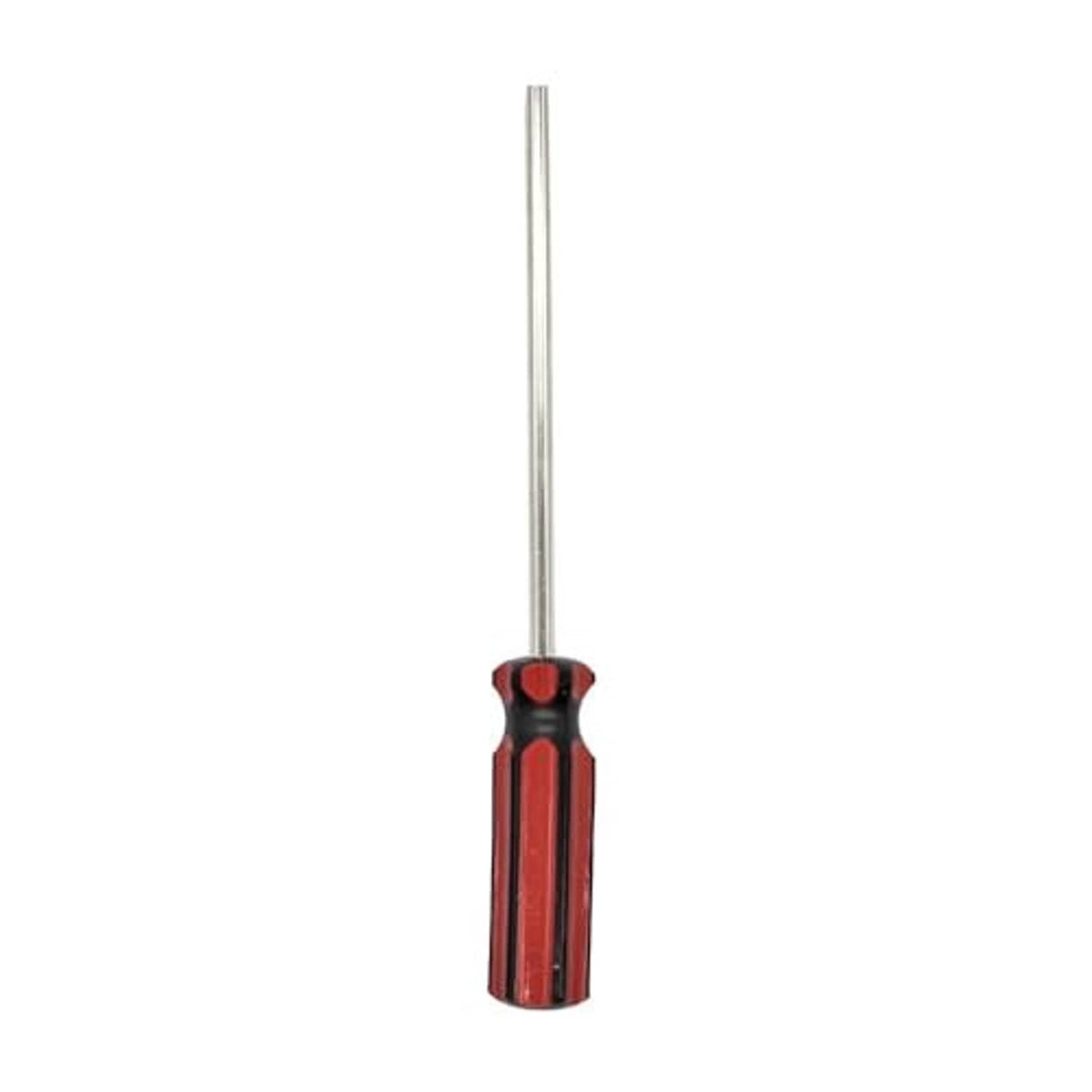 Tire valve core removal tool with red handle and long silver shaft