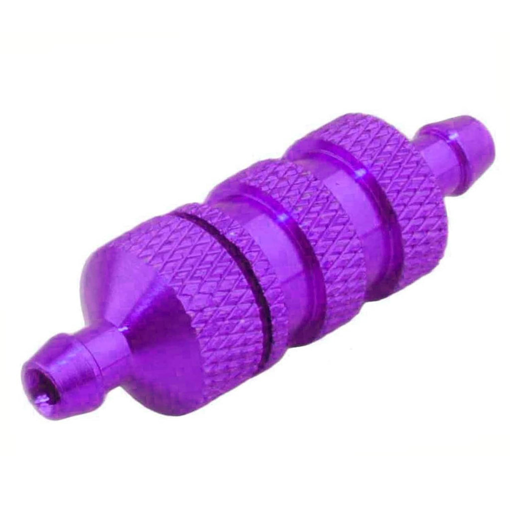 RC aluminum nitro fuel filter, purple textured housing with black O-ring and inlet tube