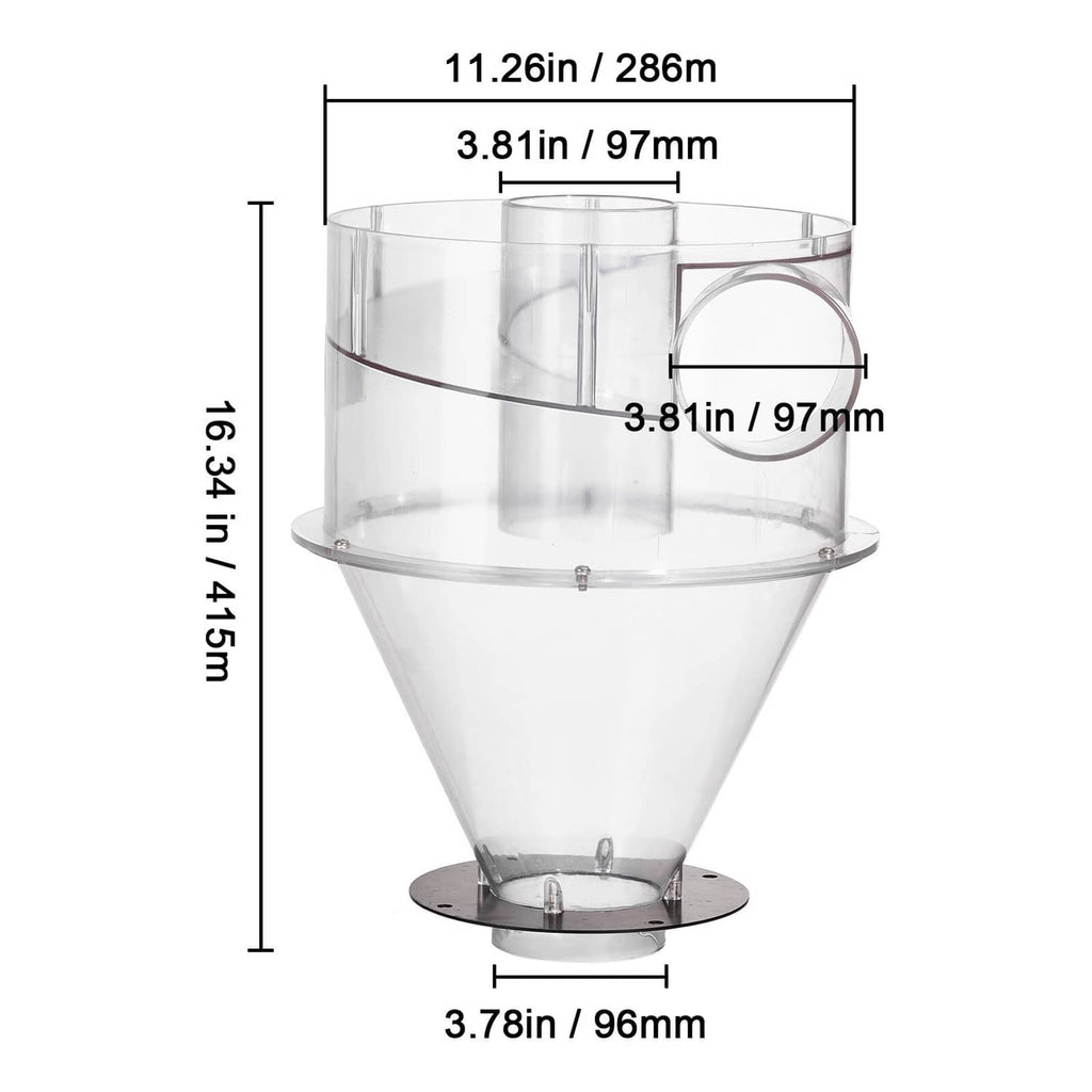 Clear cyclone dust separator bucket with funnel base and size dimensions shown