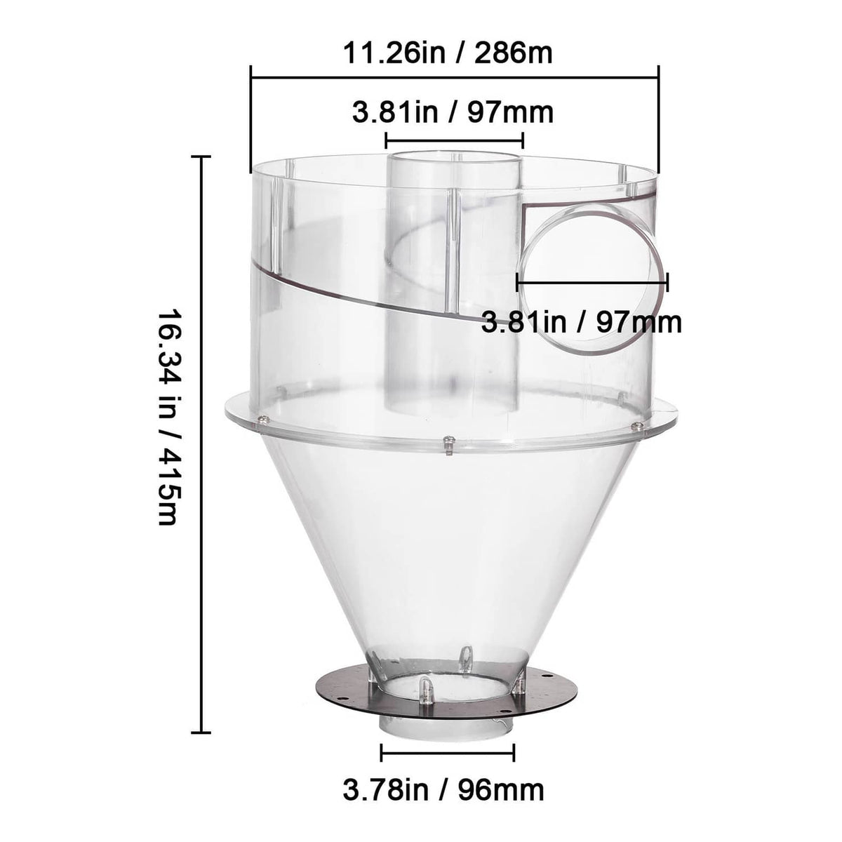 Clear cyclone dust separator bucket with funnel base and size dimensions shown