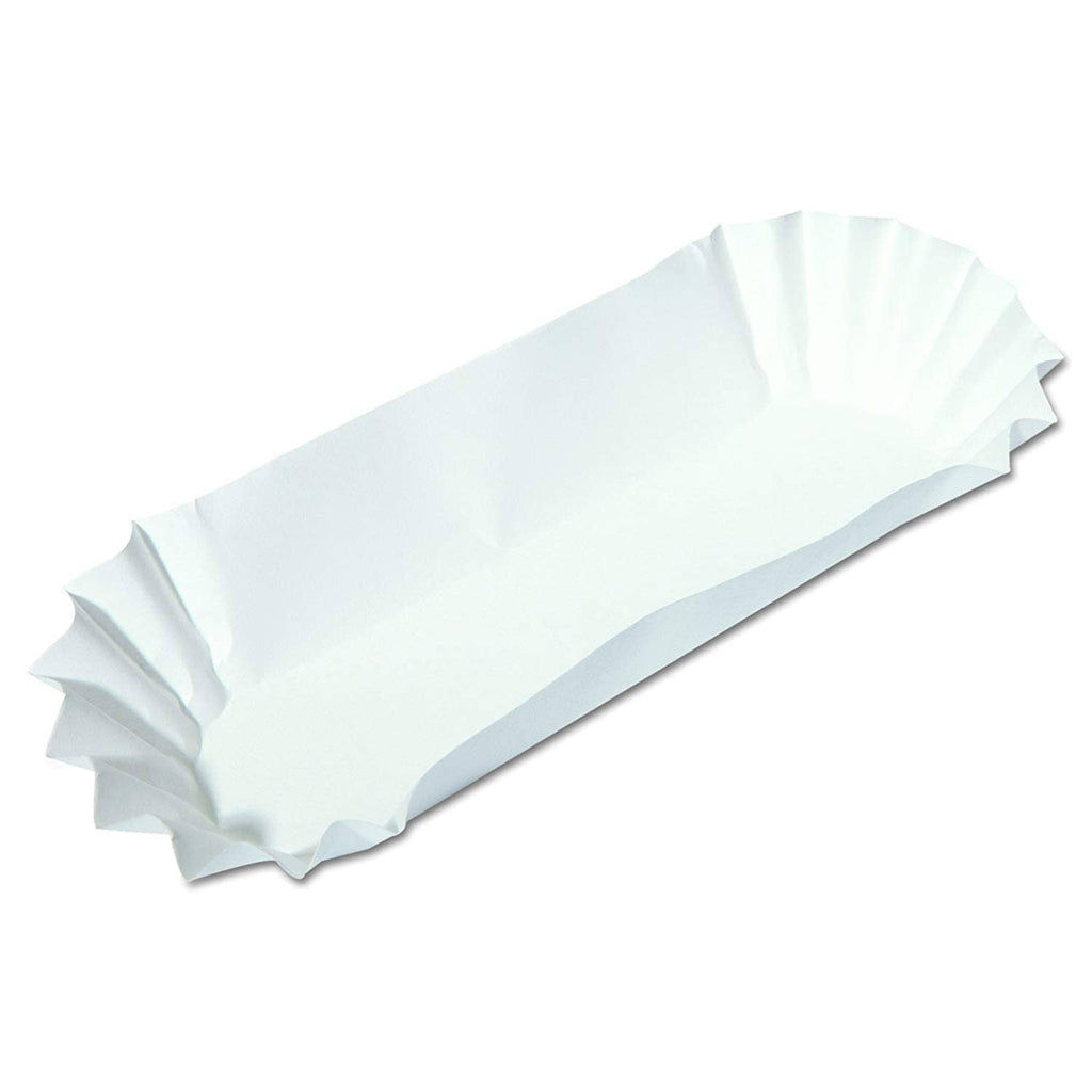 White paper hot dog tray with crimped ends, 8 in length