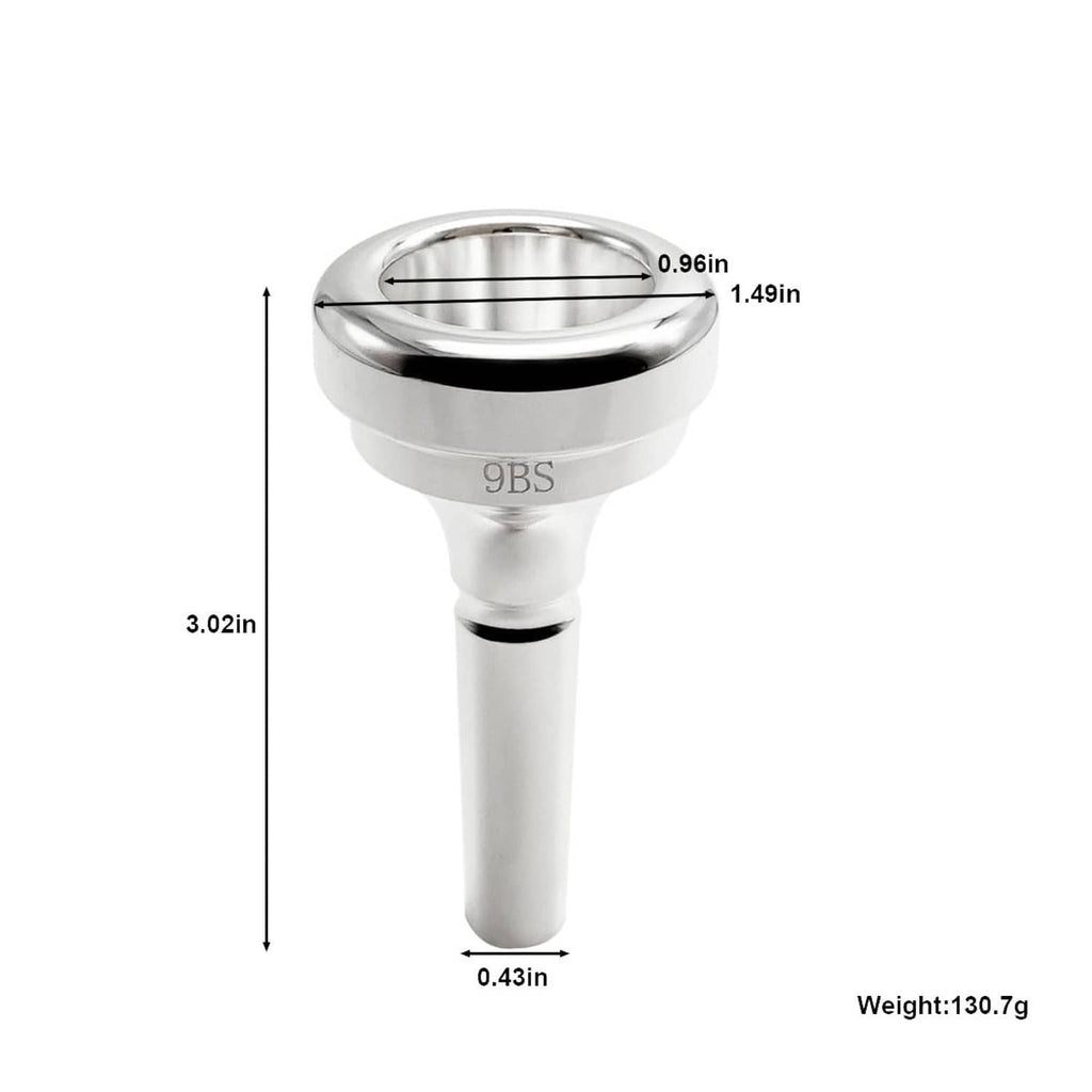 Silver-plated trombone mouthpiece with 9BS label and cup opening