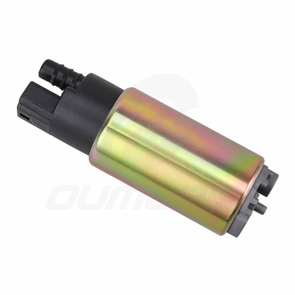 Fuel intank pump angled view: black electrical housing, iridescent metal cylinder