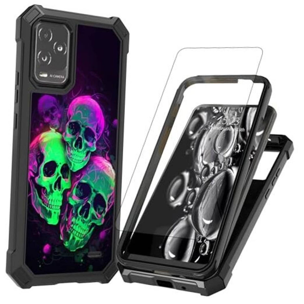 Rugged phone case with screen protector, dark frame and neon skull graphic