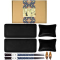 Black ceramic sushi plate set: rectangular and square dishes with chopsticks