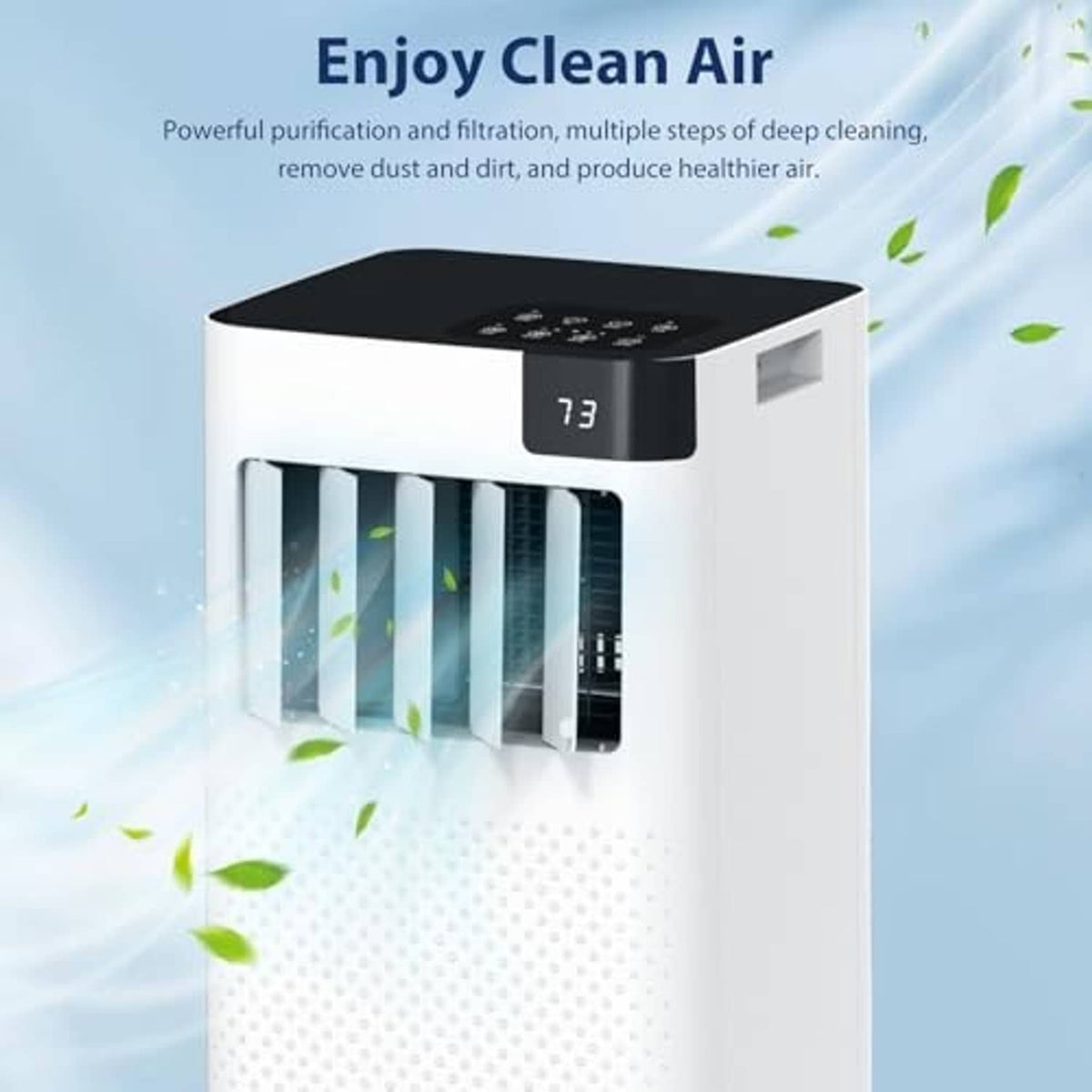 White portable air conditioner with top grille and airflow vents at the front