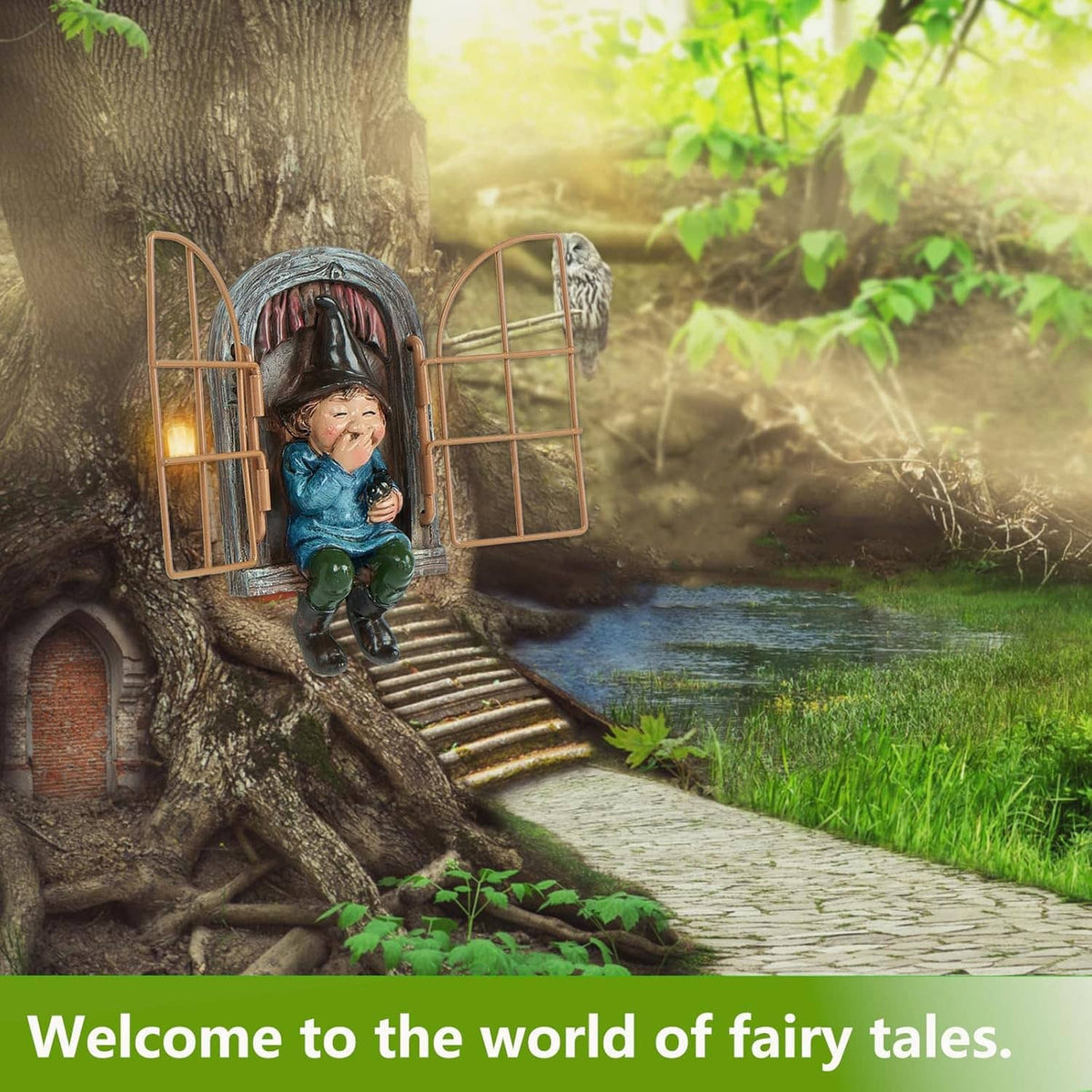 Garden gnome on tree-mounted ladder, smiling face in blue top and green pants