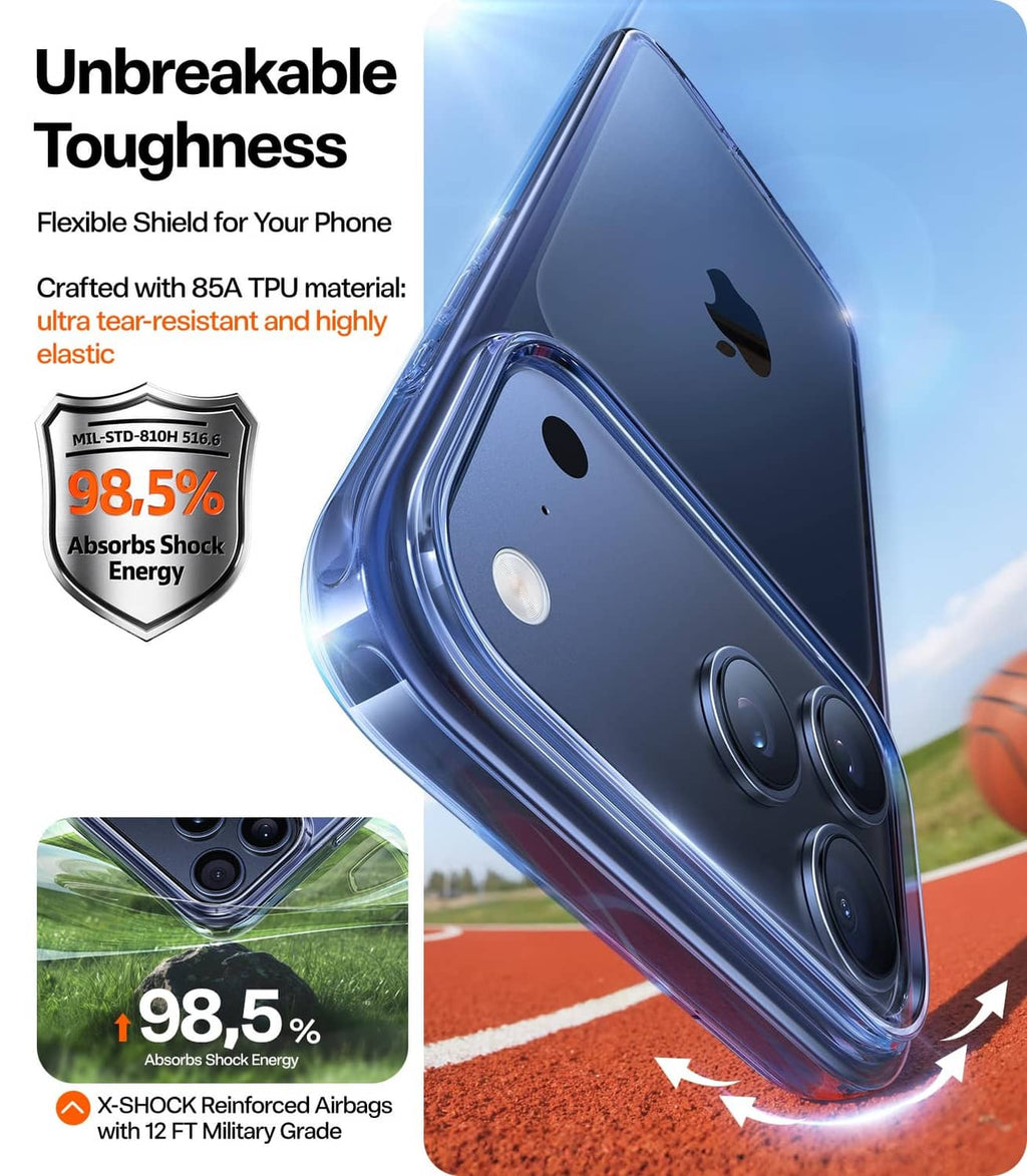 Blue clear iPhone 17 Pro Max case with shock-absorbing protective corners