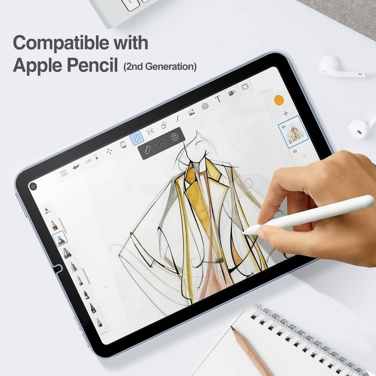 Tempered glass screen protector on iPad Mini with Apple Pencil writing
