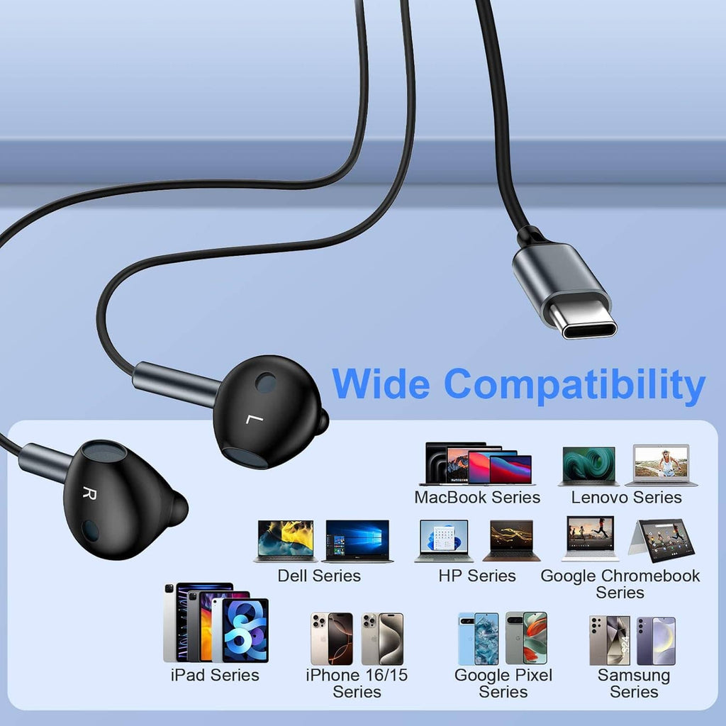 Wired USB-C earbuds with USB-C plug and black earbuds, shown with cable