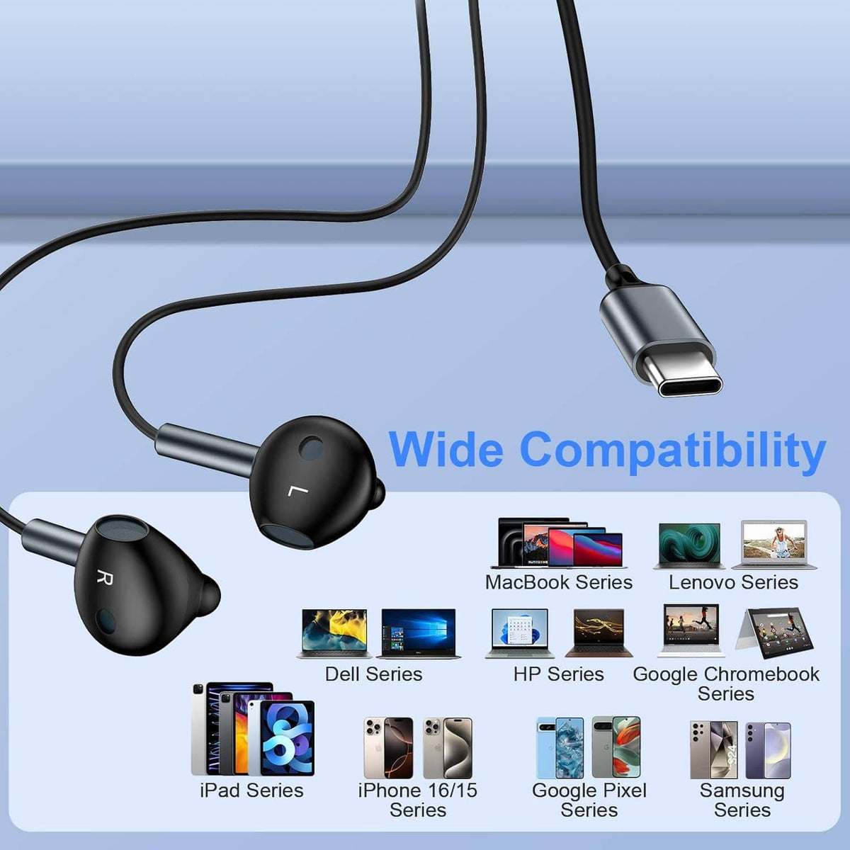 Wired USB-C earbuds with USB-C plug and black earbuds, shown with cable