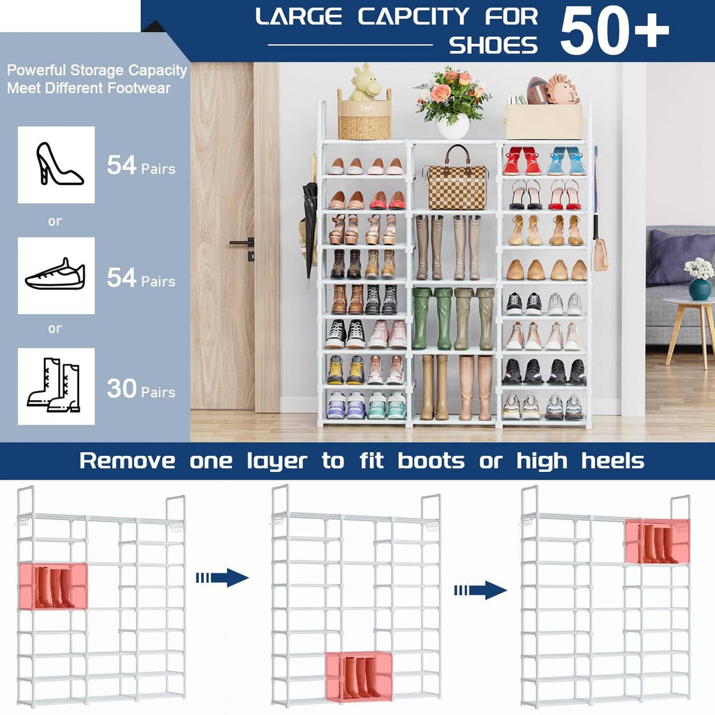 White 9-tier shoe rack organizer showing storage capacity for 50+ shoe pairs