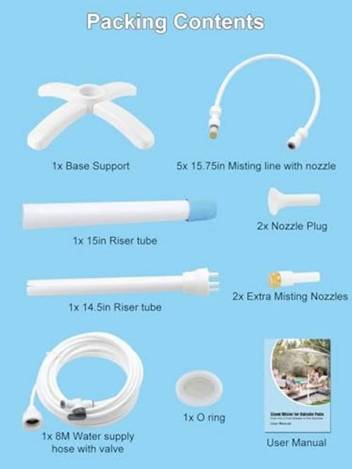 Outdoor misting kit parts: base support, riser tubes, misting lines, nozzles, hose