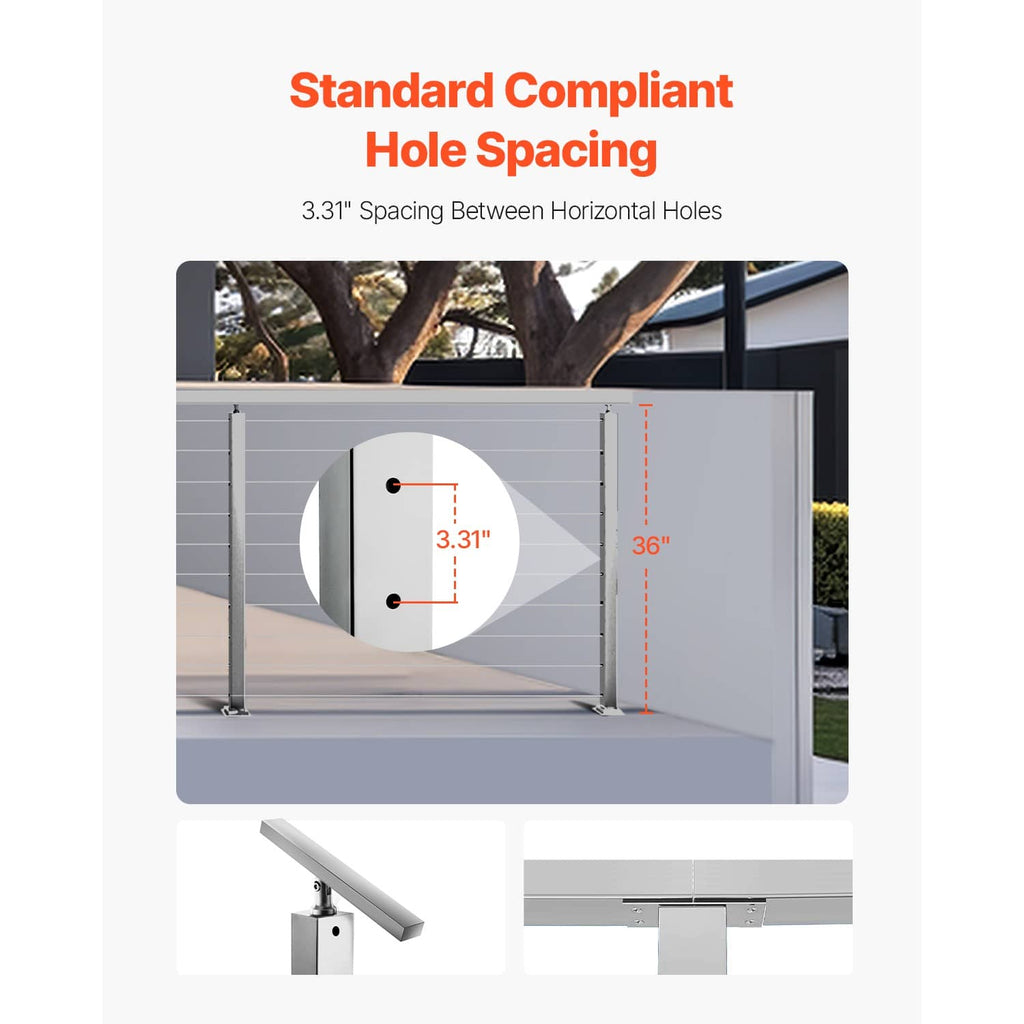 Cable railing safety post with standard hole spacing, silver stainless steel frame