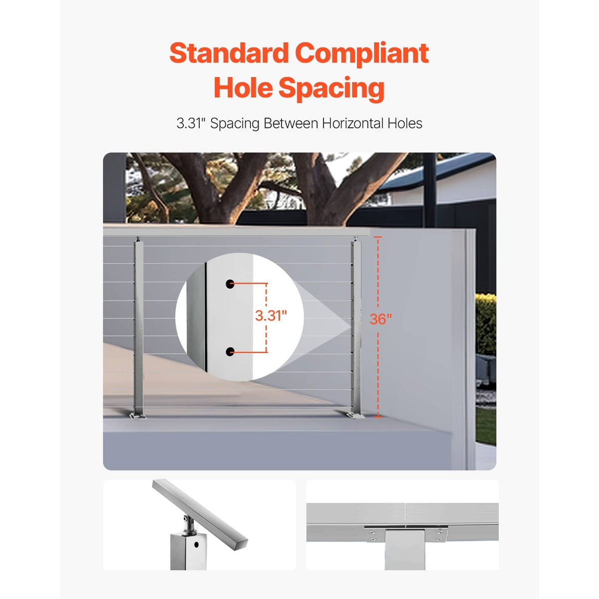 Cable railing safety post with standard hole spacing, silver stainless steel frame