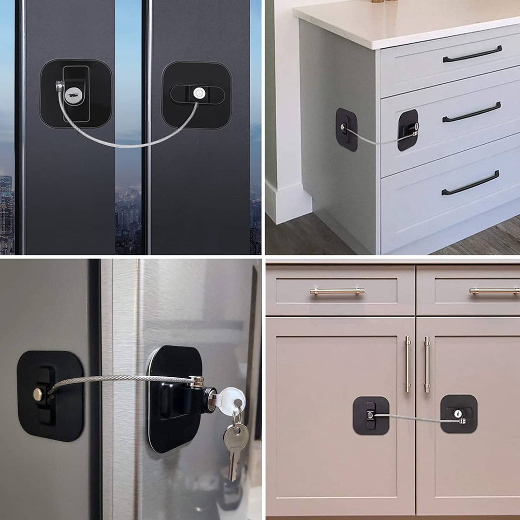 Refrigerator cable lock on cabinet and fridge doors, with two black padlocks and keys