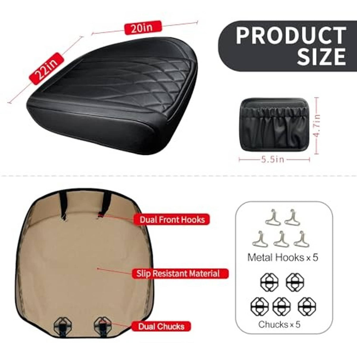 Black front seat bottom cover with quilted pattern, 5.5 in x 2.0 in size diagram