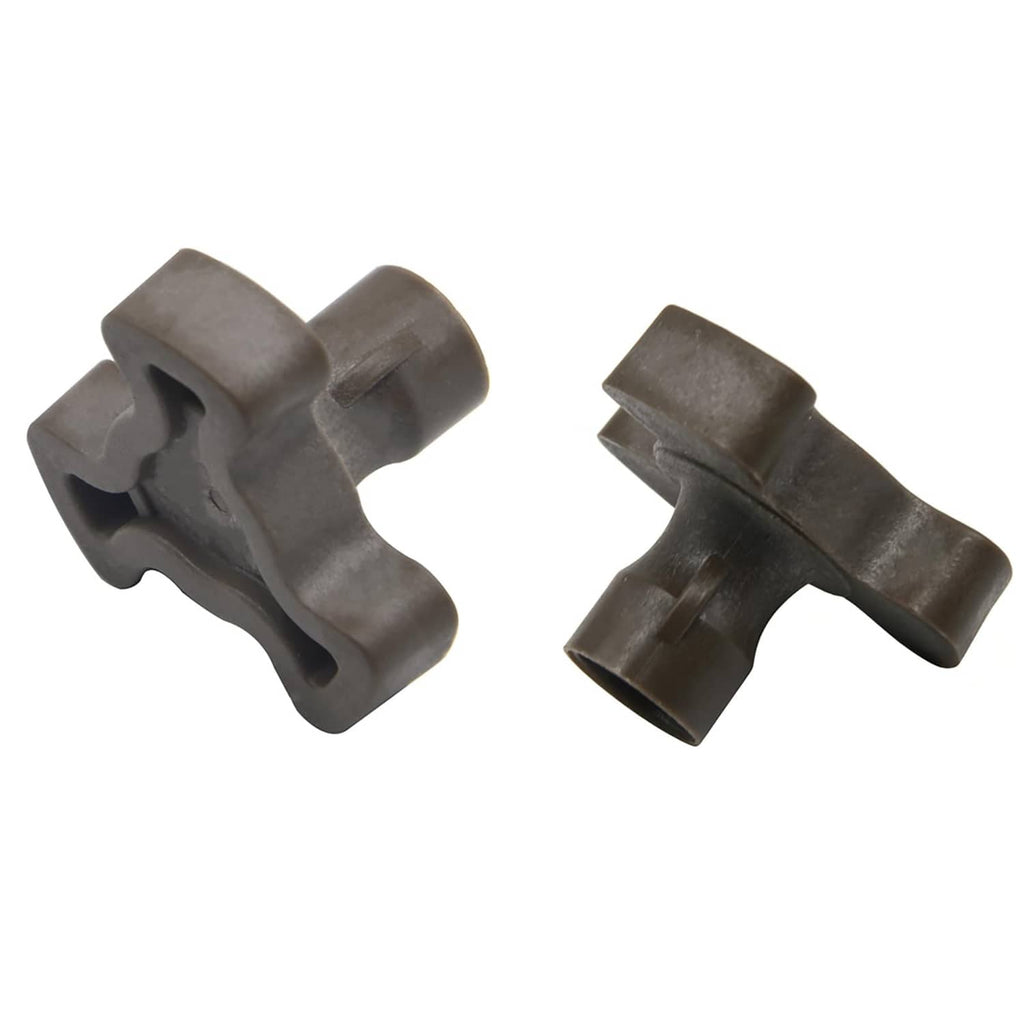 Pair of gray microwave turntable coupler shafts with central hub openings